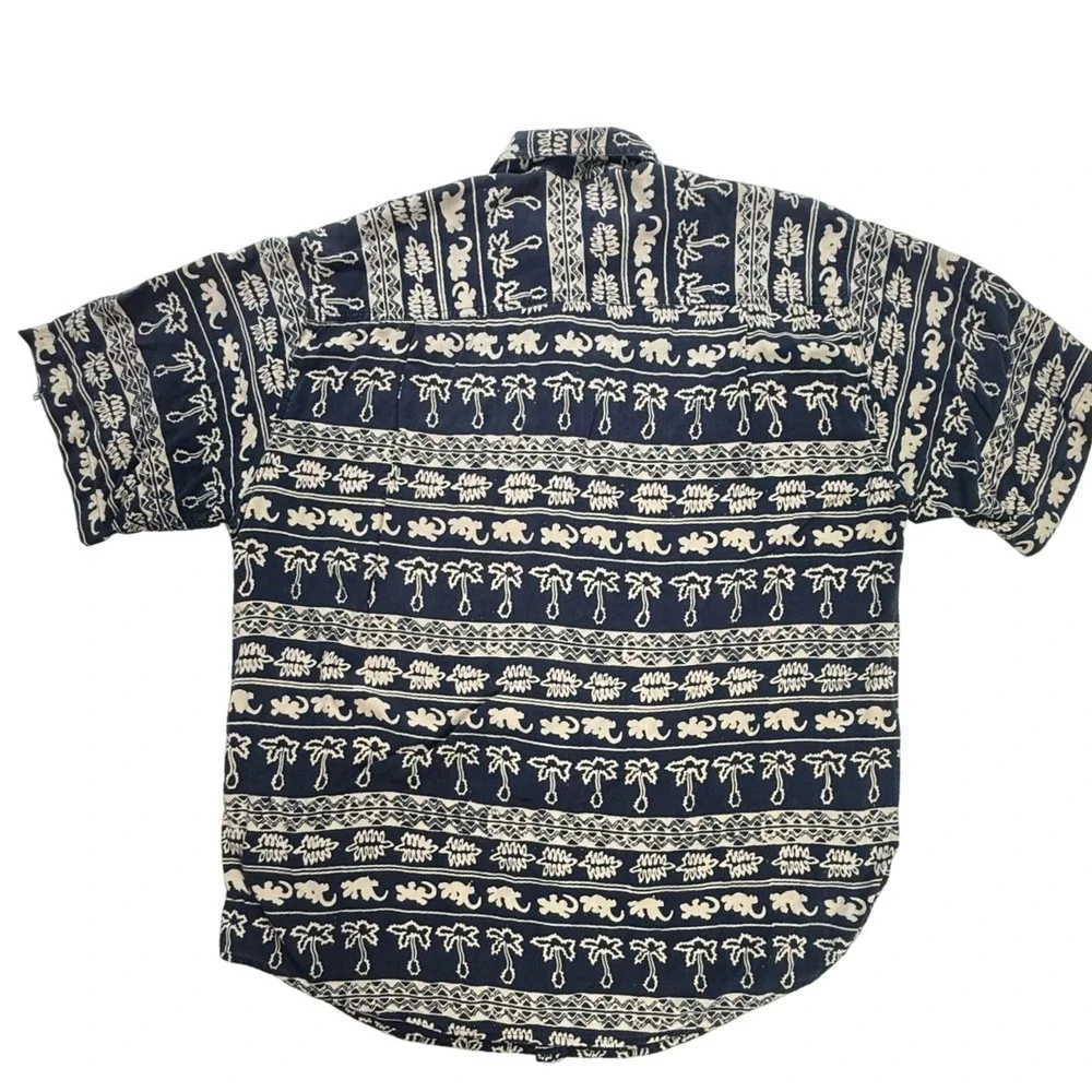 Back East Santa Barbara Mens Large Rayon Tribal Palm Tree Gecko ButtonDown Shirt